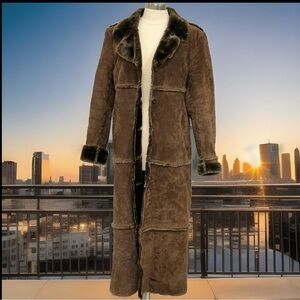 Penny Lane Coat Dark Brown Suede Leather & Fur Sz L Rare Vintage Long Mod Retro